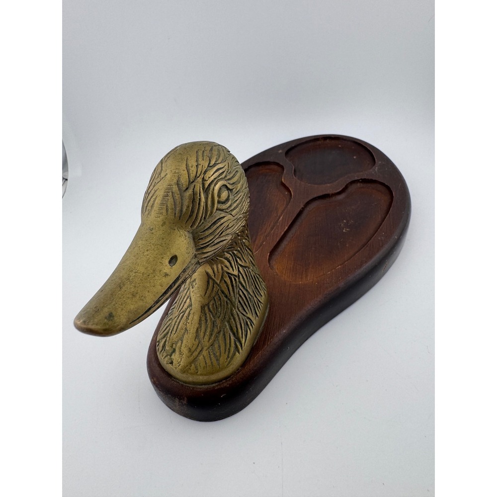Vintage Brass Duck Head Trinket Dish Wooden Tray Vanity Organizer Desk Decor‎